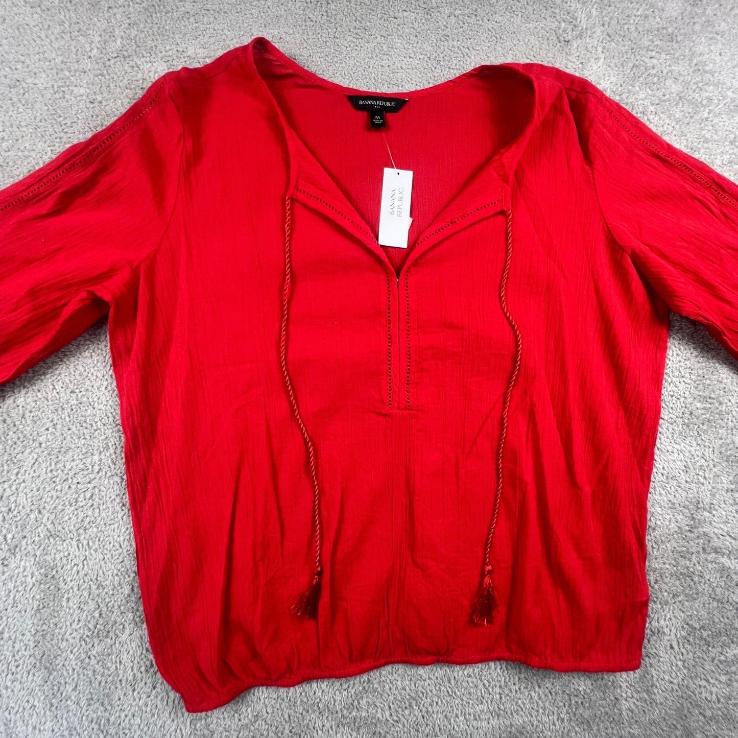 100% Cotton Boho Top Banana Republic Peasant Blouse Womens Medium Red Tassel