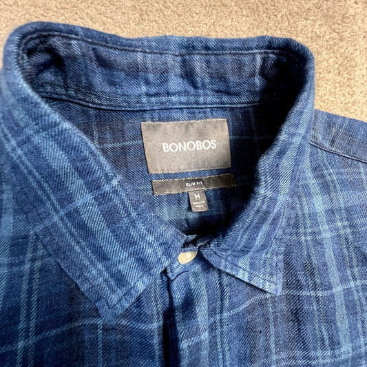 Bonobos Mens Slim Fit Shirt Medium 100% Linen Plaid Button Down Blue Classic