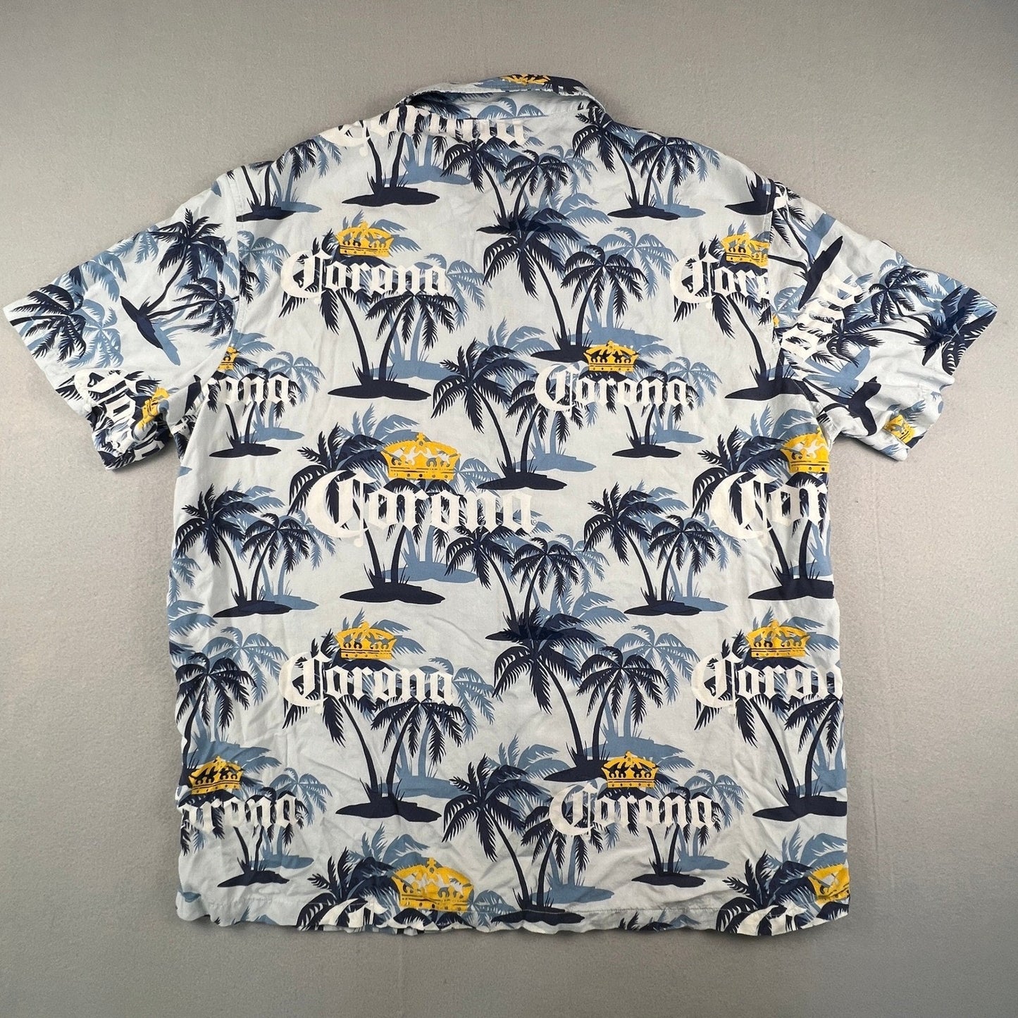 Corona Button Up Shirt Mens 2XL Blue Palm Tree Tropical Rayon Beach Hawaiian