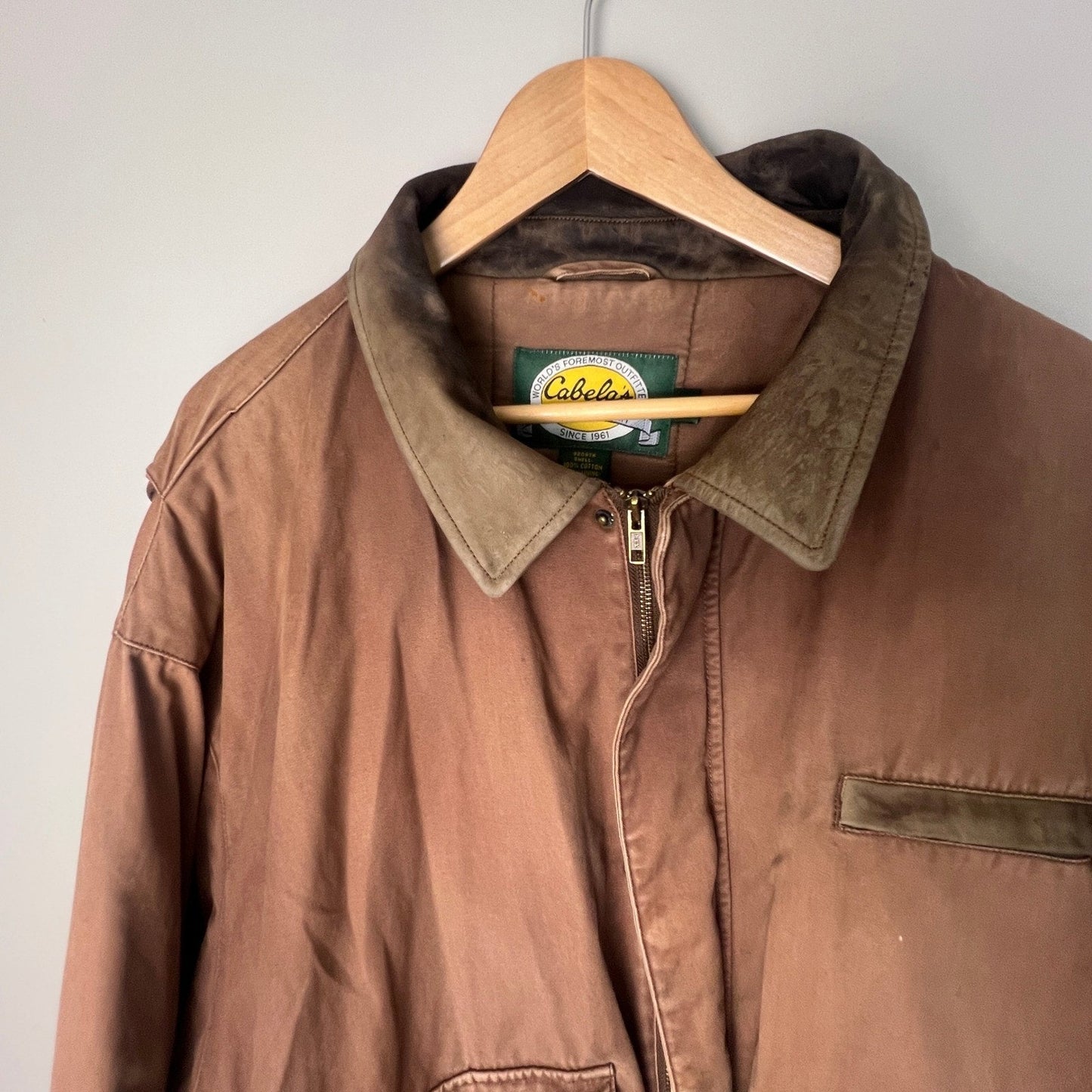 VTG Cabelas Canvas Jacket Mens XL Brown Leather Collar Workwear Outdoor Coat Job