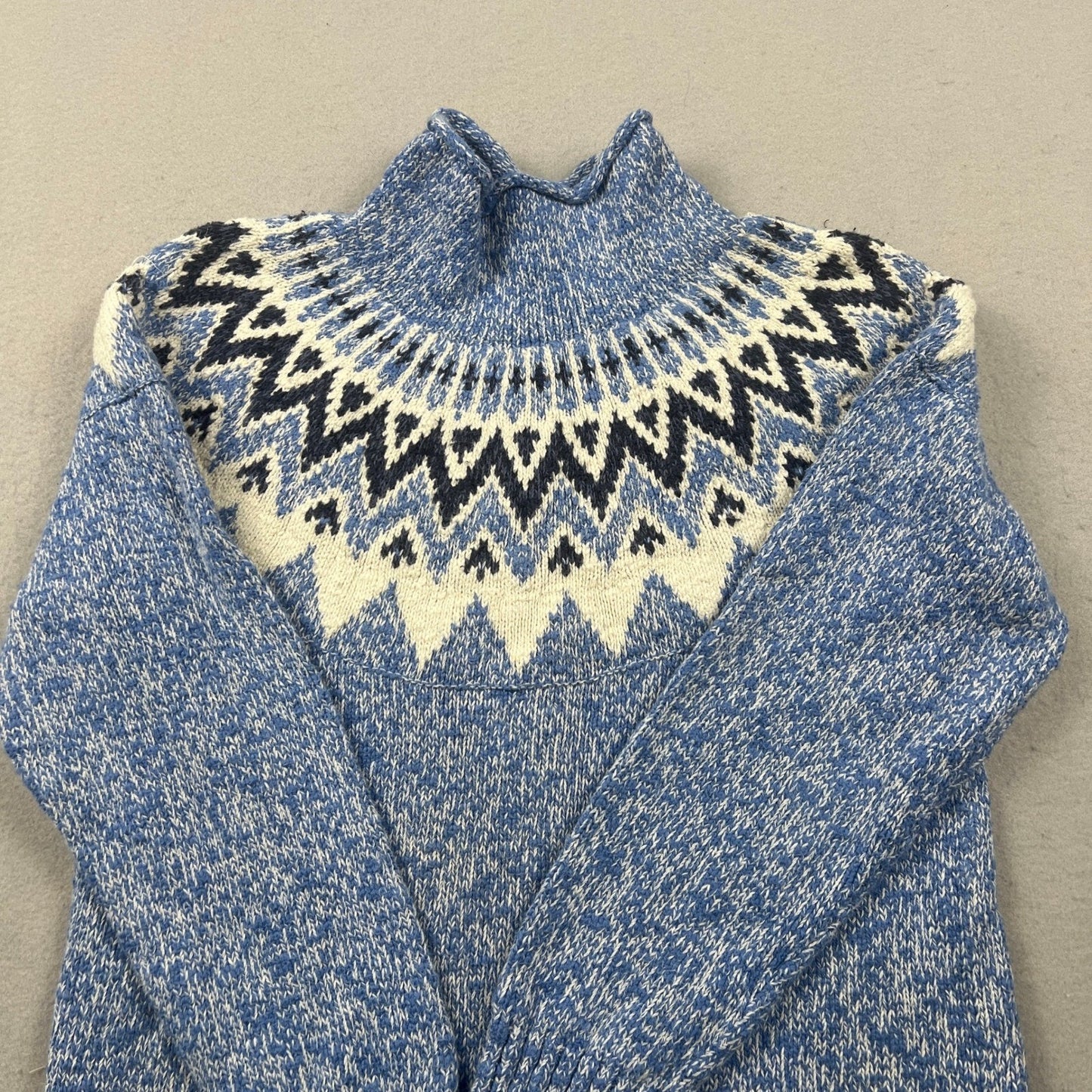 L.L.Bean Fair Isle Sweater Womens Medium Blue Cotton Mock Neck Pullover Winter