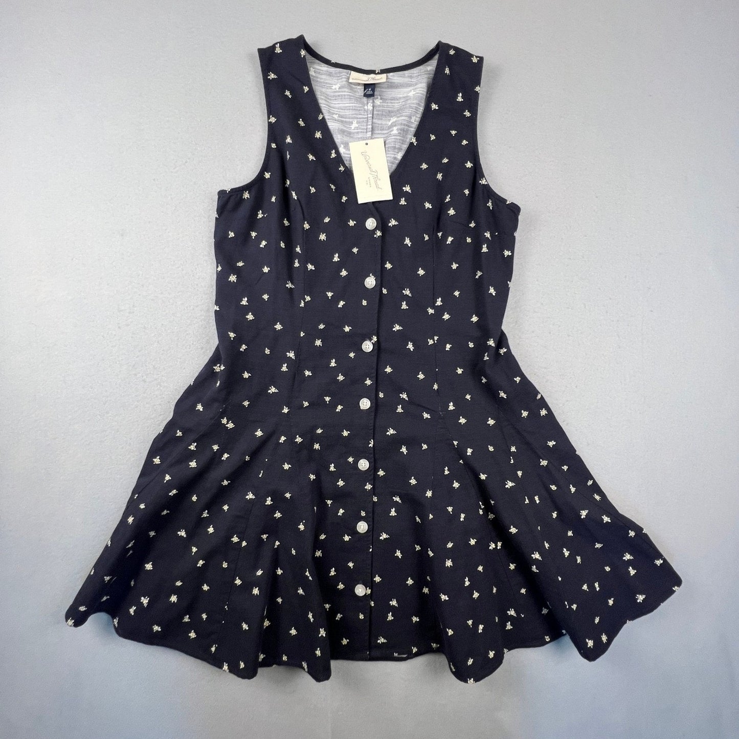 Floral Mini Dress Womens Medium Navy Blue Button Front Casual Universal Thread
