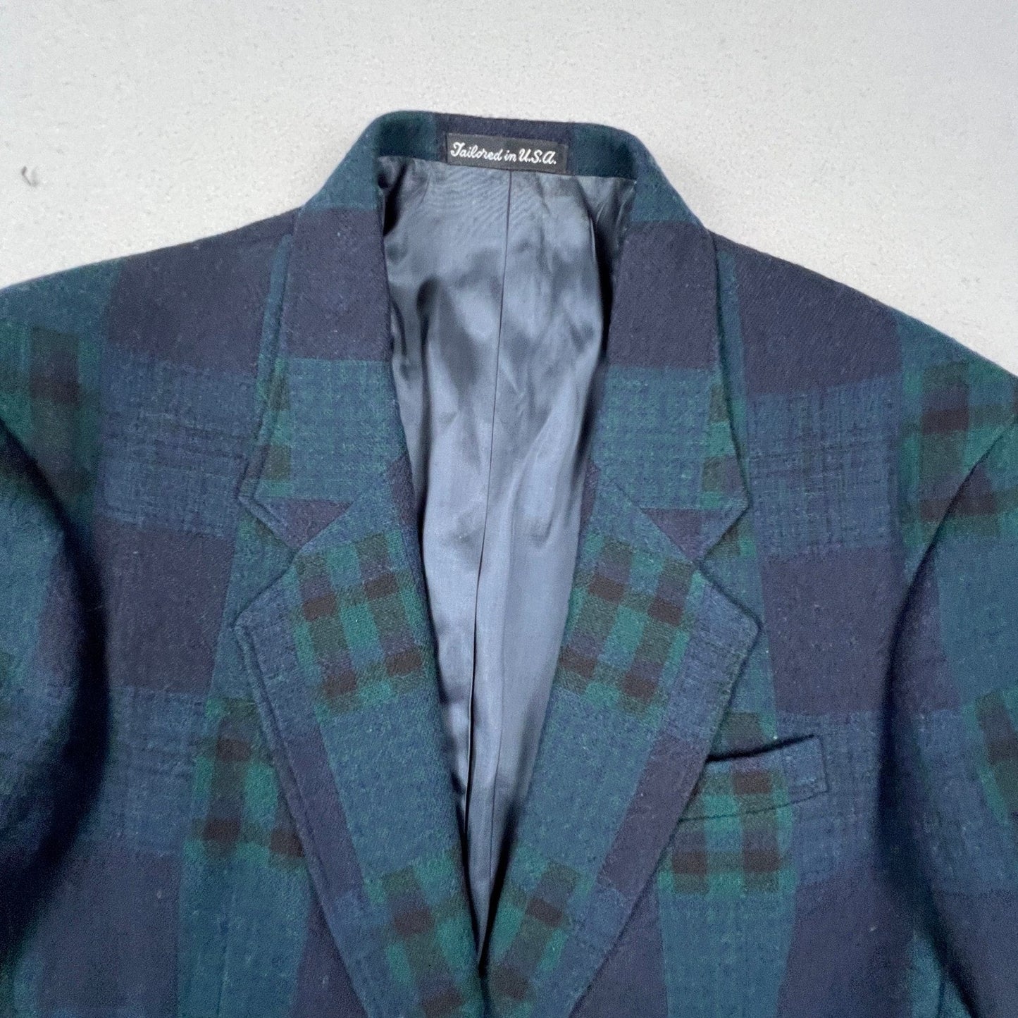 Vintage Woolrich Plaid Blazer Men Small Mallard Green Navy Blue Wool Blend USA