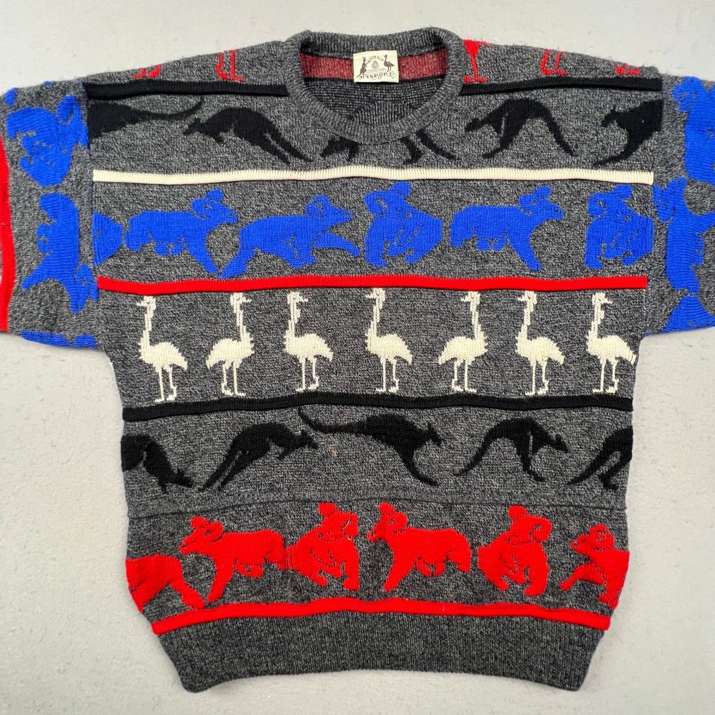 Hysport Wool Sweater Mens 22 Grey Australian Animal Intarsia Knit Vintage Retro