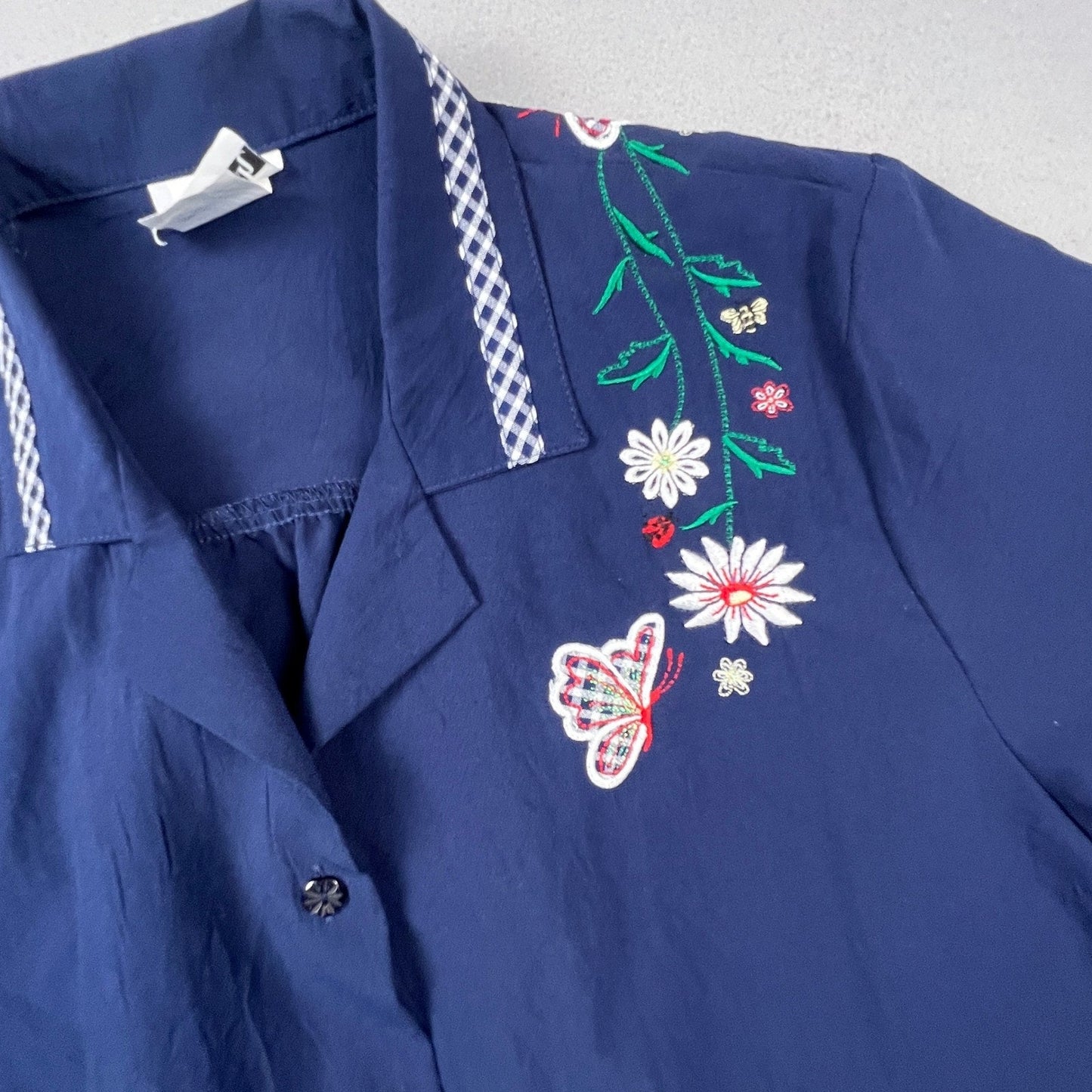 BonWorth Button Up Shirt Womens M Navy Blue Floral Butterfly Gingham Trim Granny