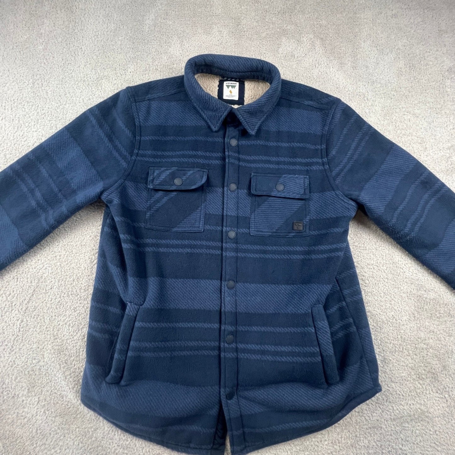 Voyager Mens Blue Striped Sherpa Lined Fleece Shirt Jacket Shacket Medium