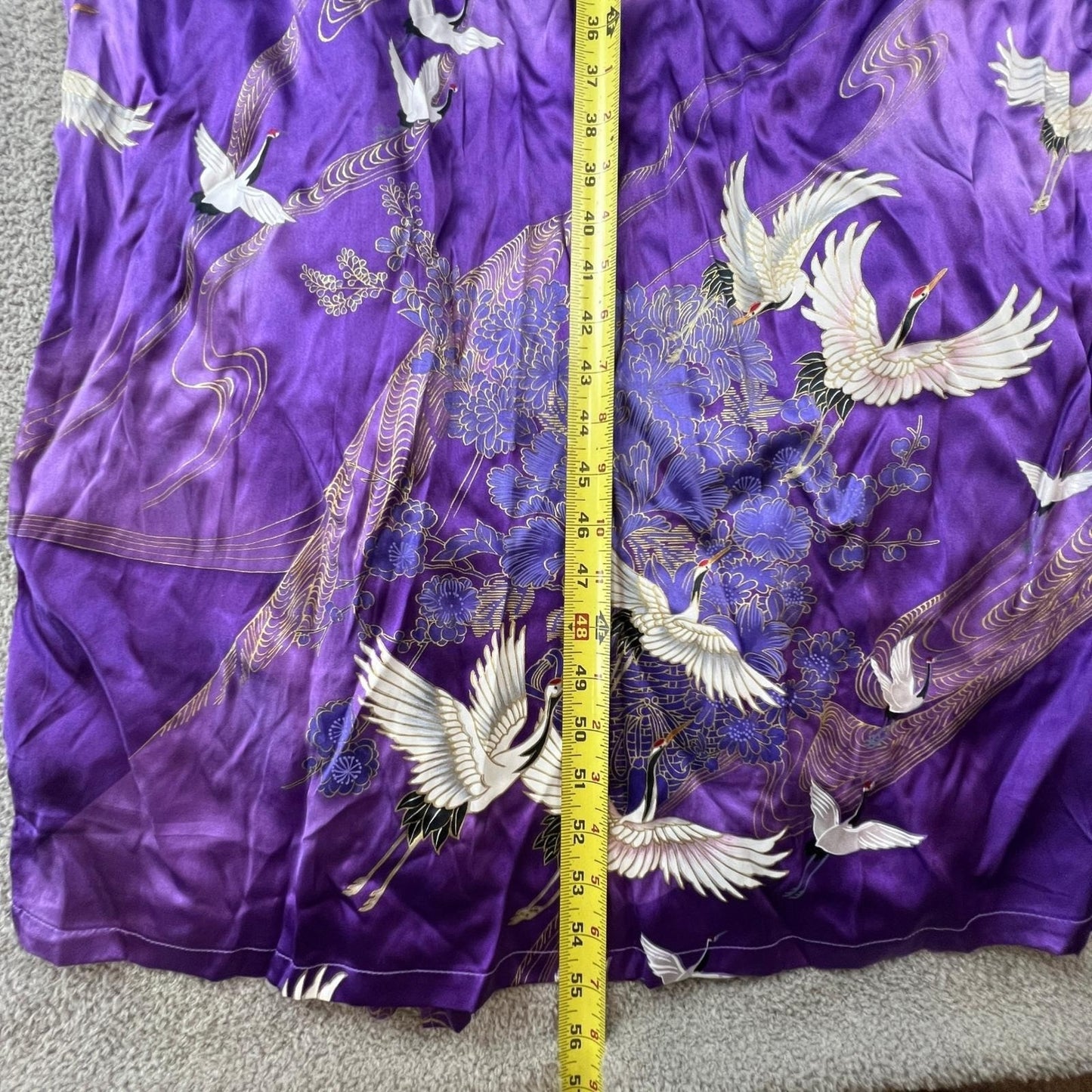 Japanese Silk Kimono Robe Purple Crane Floral Print Made in Japan OS Vintage