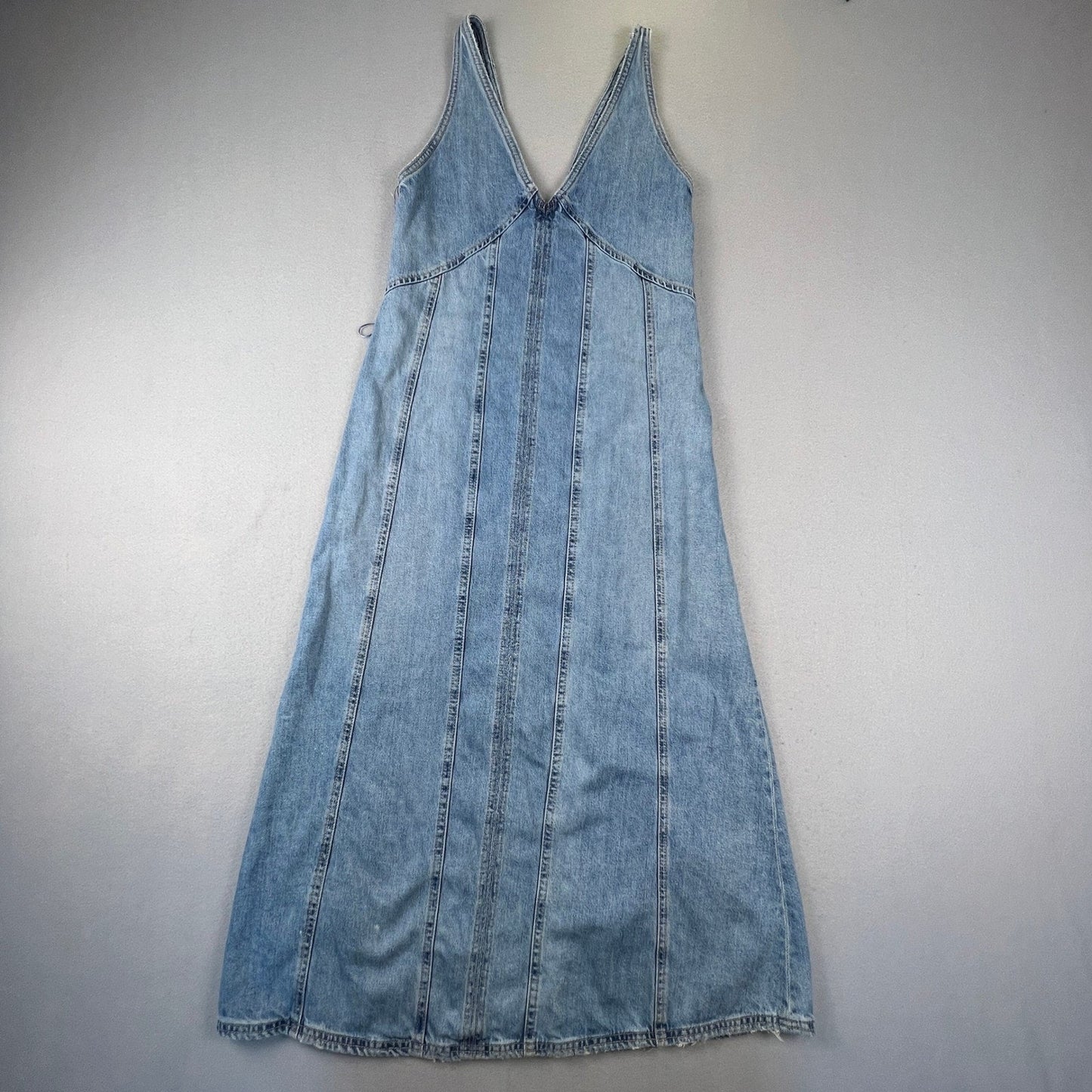Zara Denim Maxi Dress Womens S Blue V-Neck Sleeveless Seam Detail Boho Casual