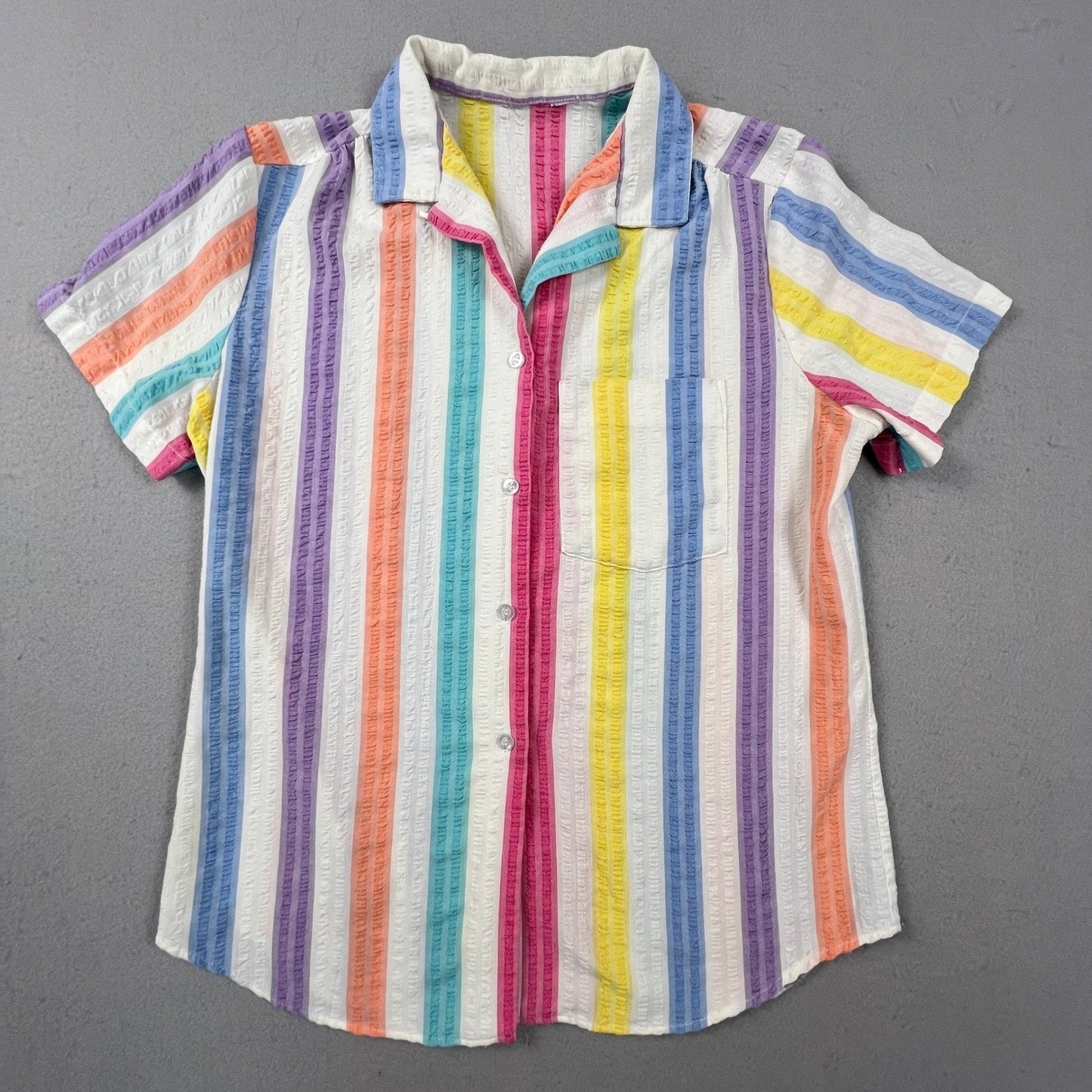 Colorful Seersucker Button Up Shirt Womens L Multi Color Rainbow Stripe Camp Top