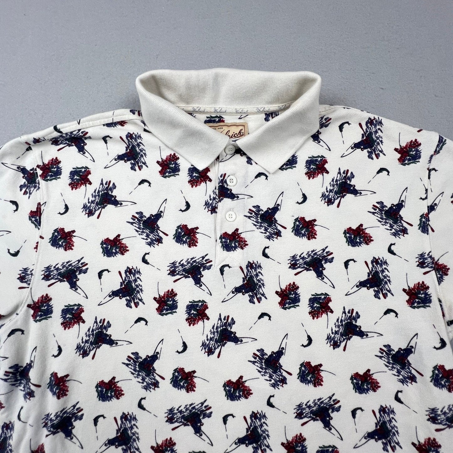 Woolrich Polo Shirt Mens Large Ivory Fishing Print Cotton Short Sleeve Outdoor