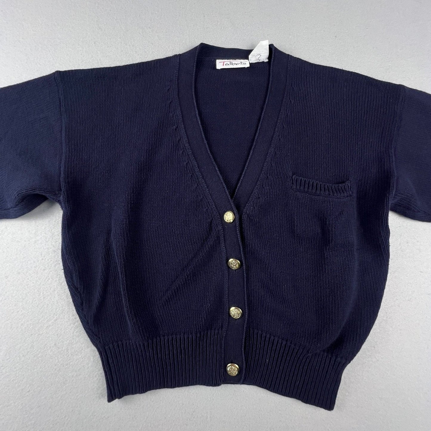 Talbots Cardigan Sweater Womens Medium Navy Blue Gold Crest Button Cotton Preppy
