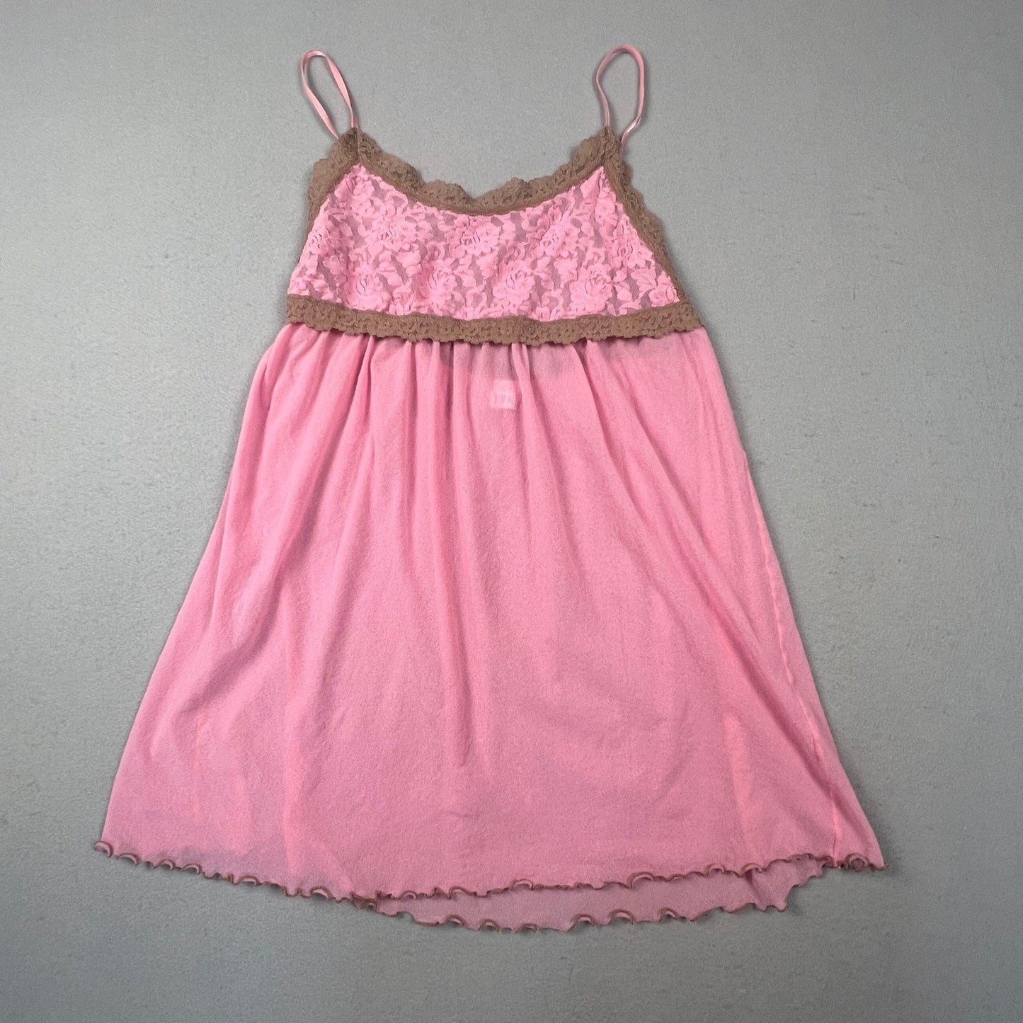VTG Y2K Babydoll Camisole Women S Pink Brown Lace Mesh Chemise Nightgown