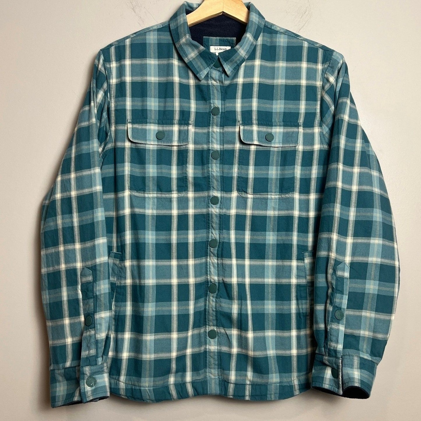 L.L. Bean Fleece Lined Shirt Jacket Mens Medium Plaid Teal/Cream Snap Button