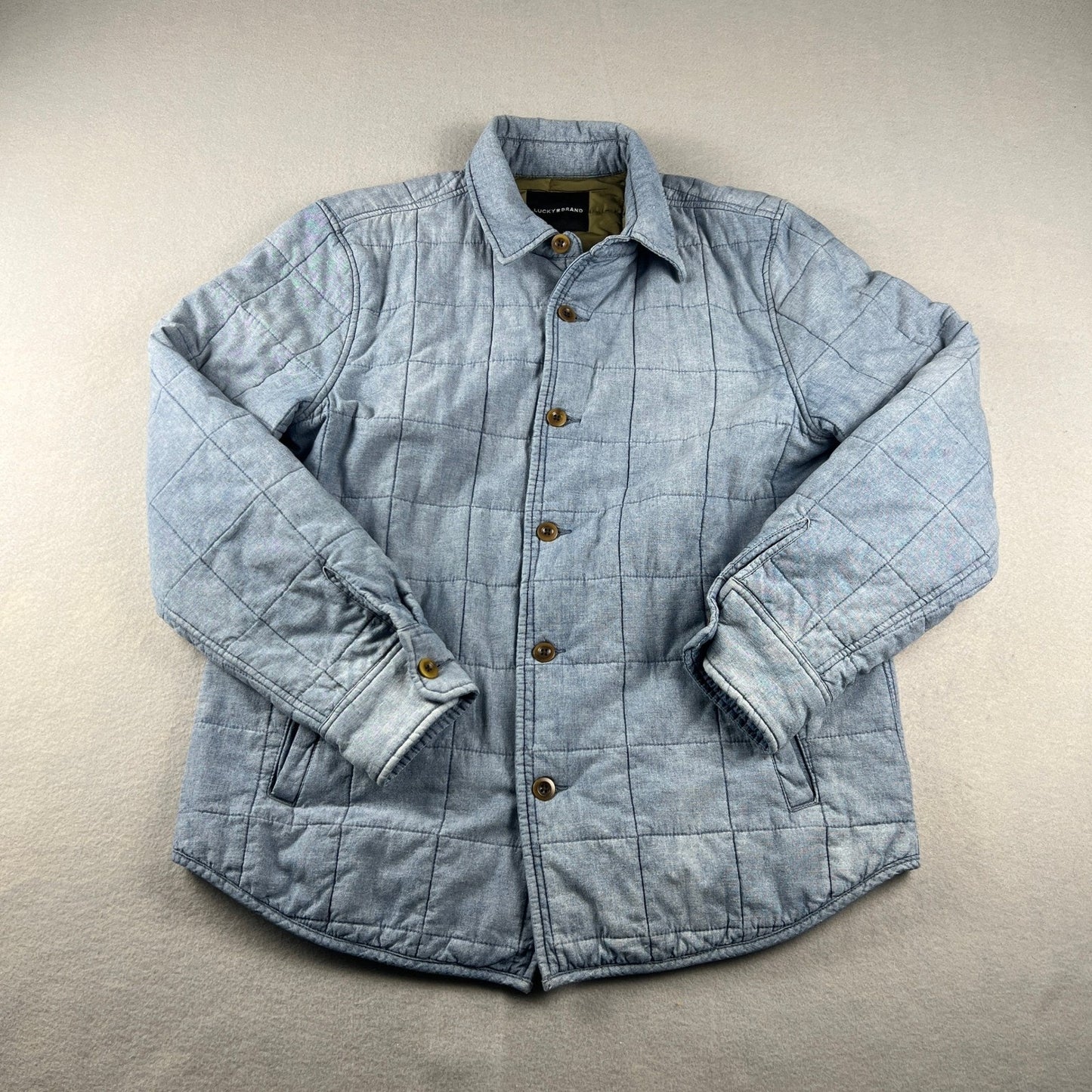 Lucky Brand Quilted Shirt Jacket Mens Medium Blue Cotton Linen Workwear Shacket