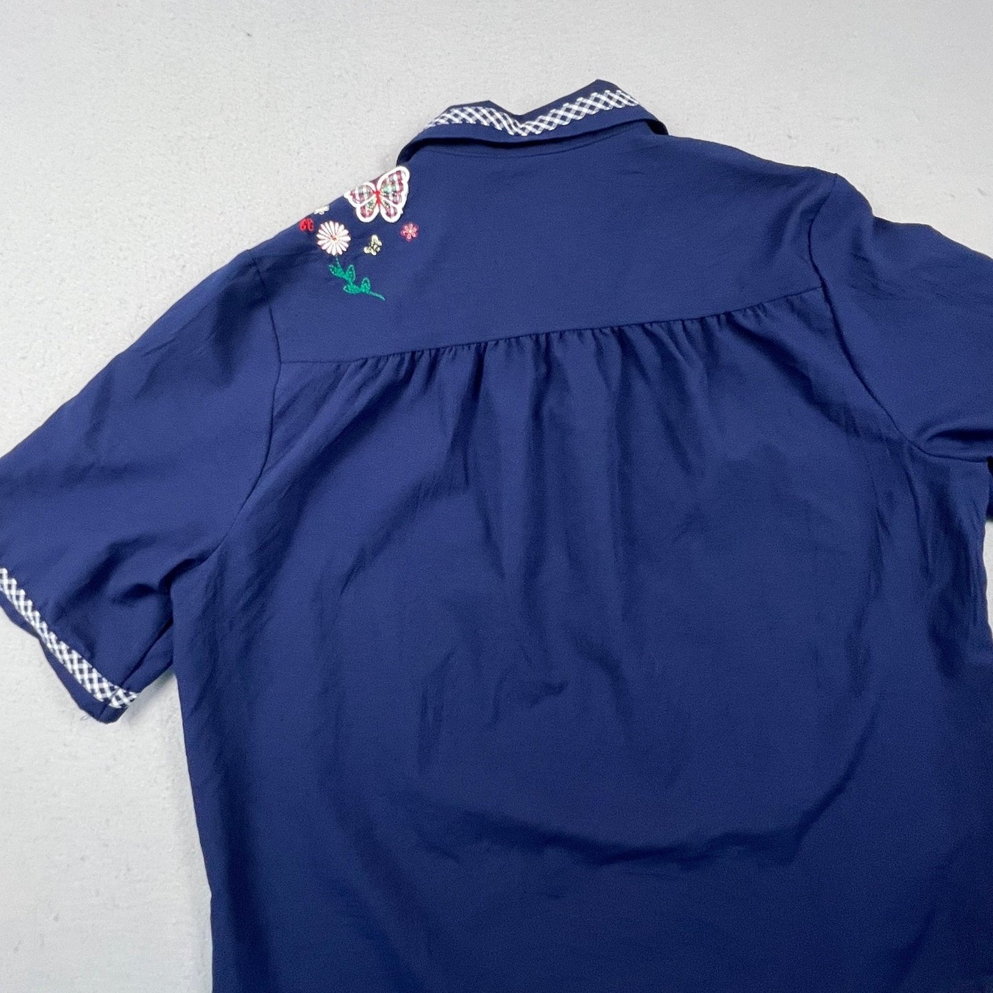 BonWorth Button Up Shirt Womens M Navy Blue Floral Butterfly Gingham Trim Granny