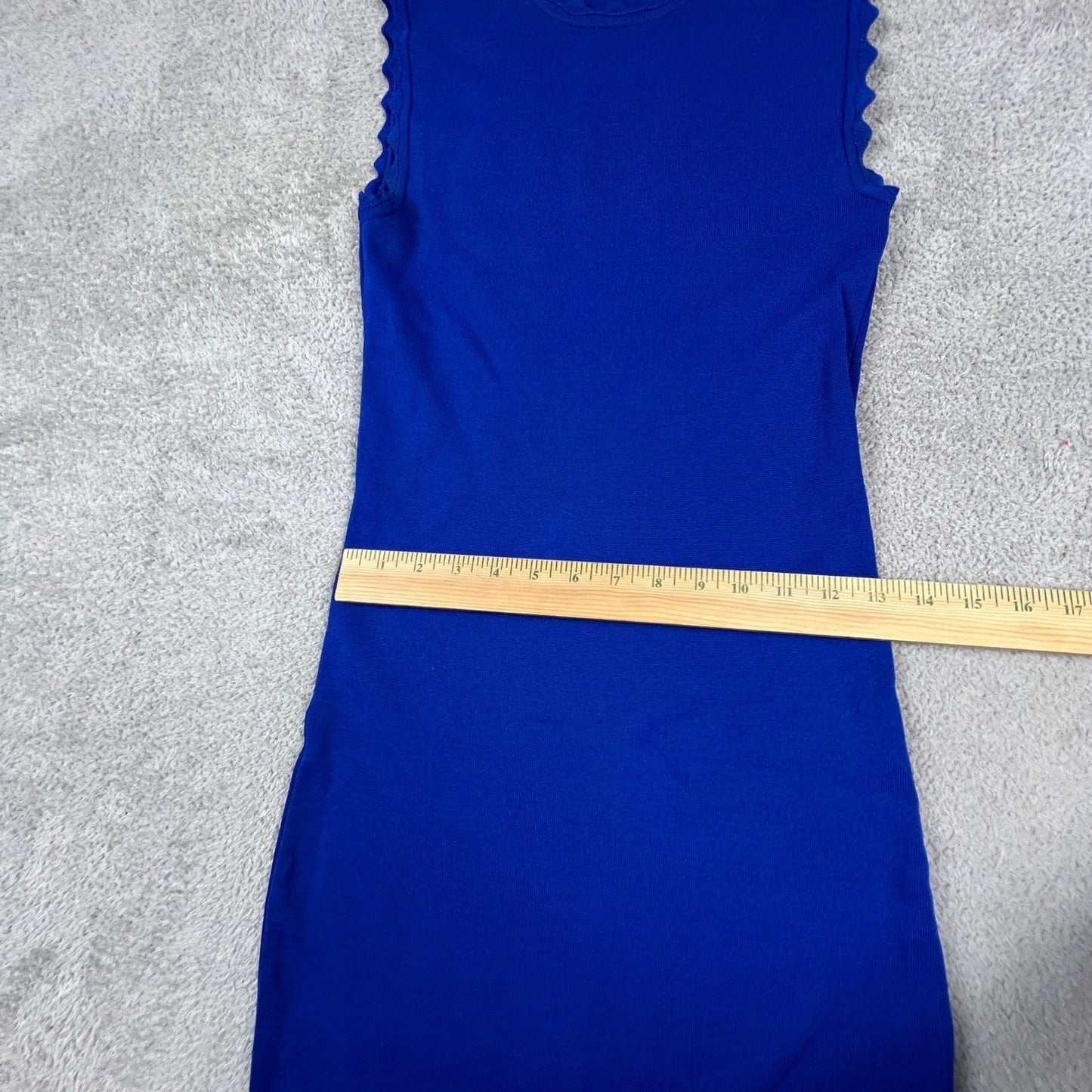 Zara Knit Midi Dress Womens Medium Blue Scalloped Trim Bodycon Sleeveless Chic
