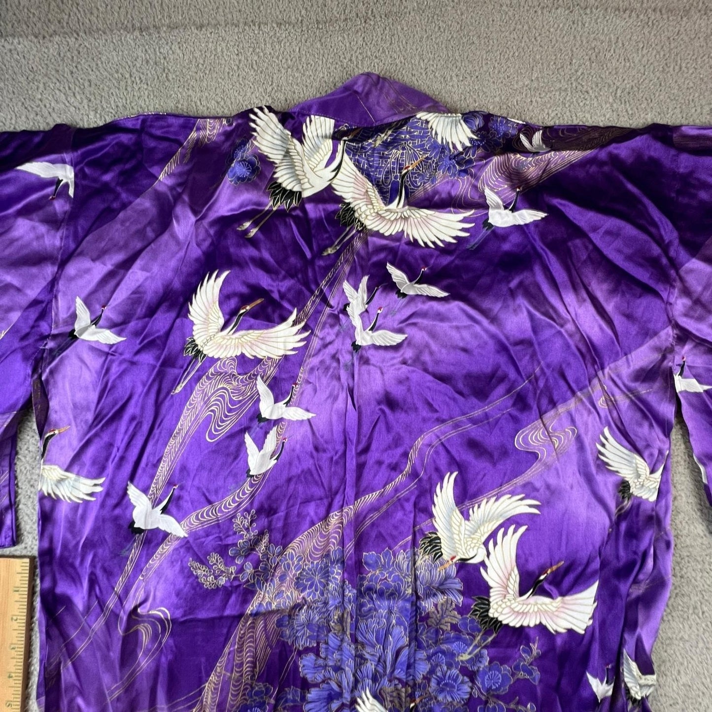 Japanese Silk Kimono Robe Purple Crane Floral Print Made in Japan OS Vintage