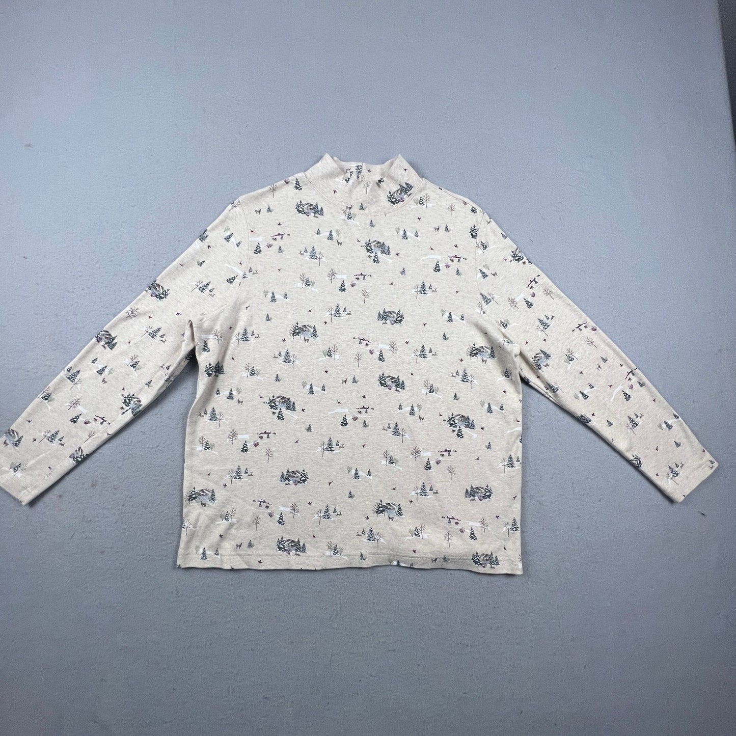 Winter Scene Pine Tree Cotton Shirt Mock Neck Top Womens XL Beige Croft & Barrow