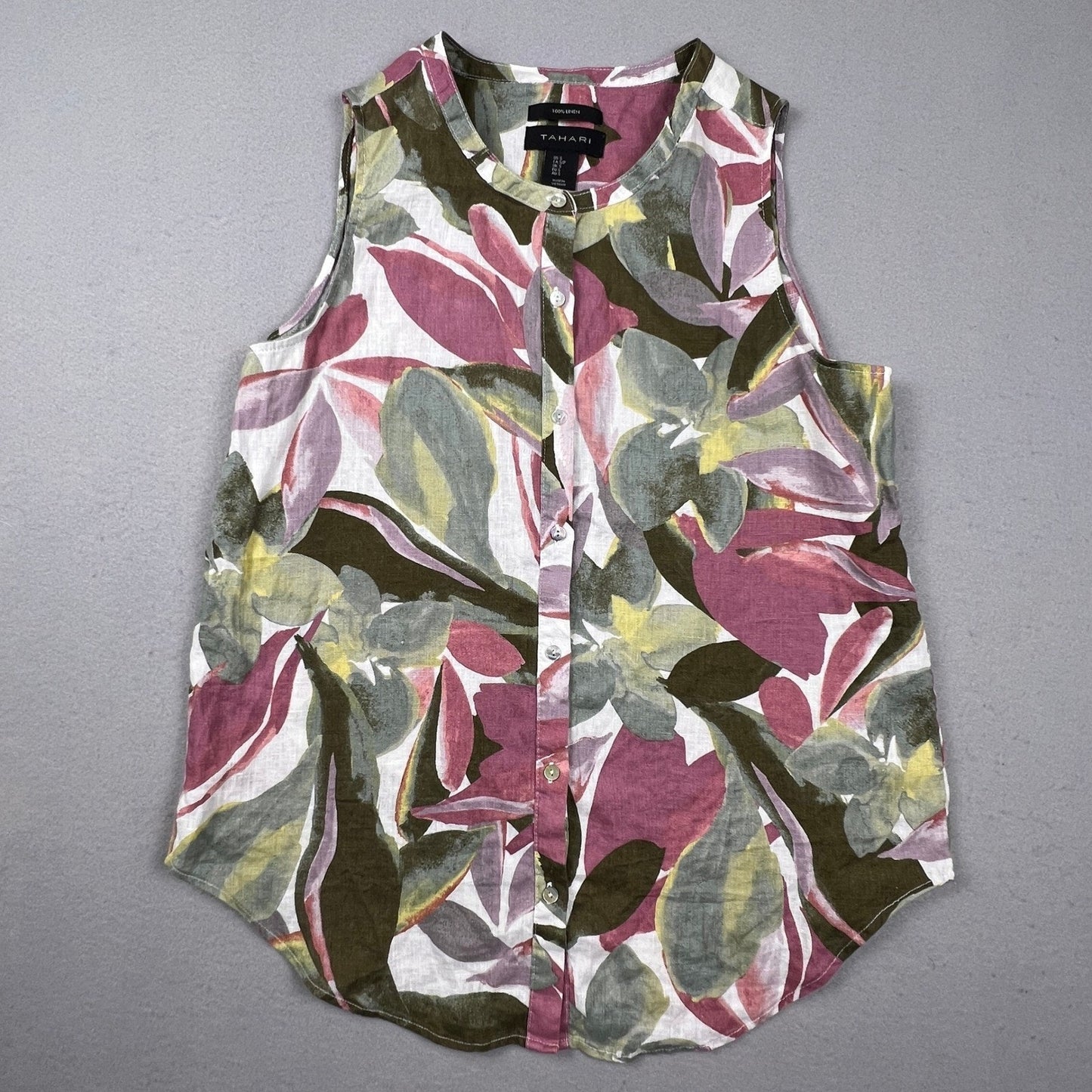 Tahari 100% Linen Sleeveless Blouse Womens Small Floral Button Front Boho Summer