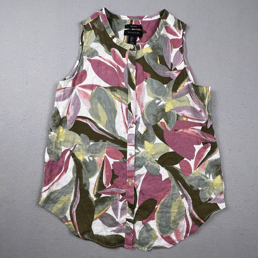 Tahari 100% Linen Sleeveless Blouse Womens Small Floral Button Front Boho Summer