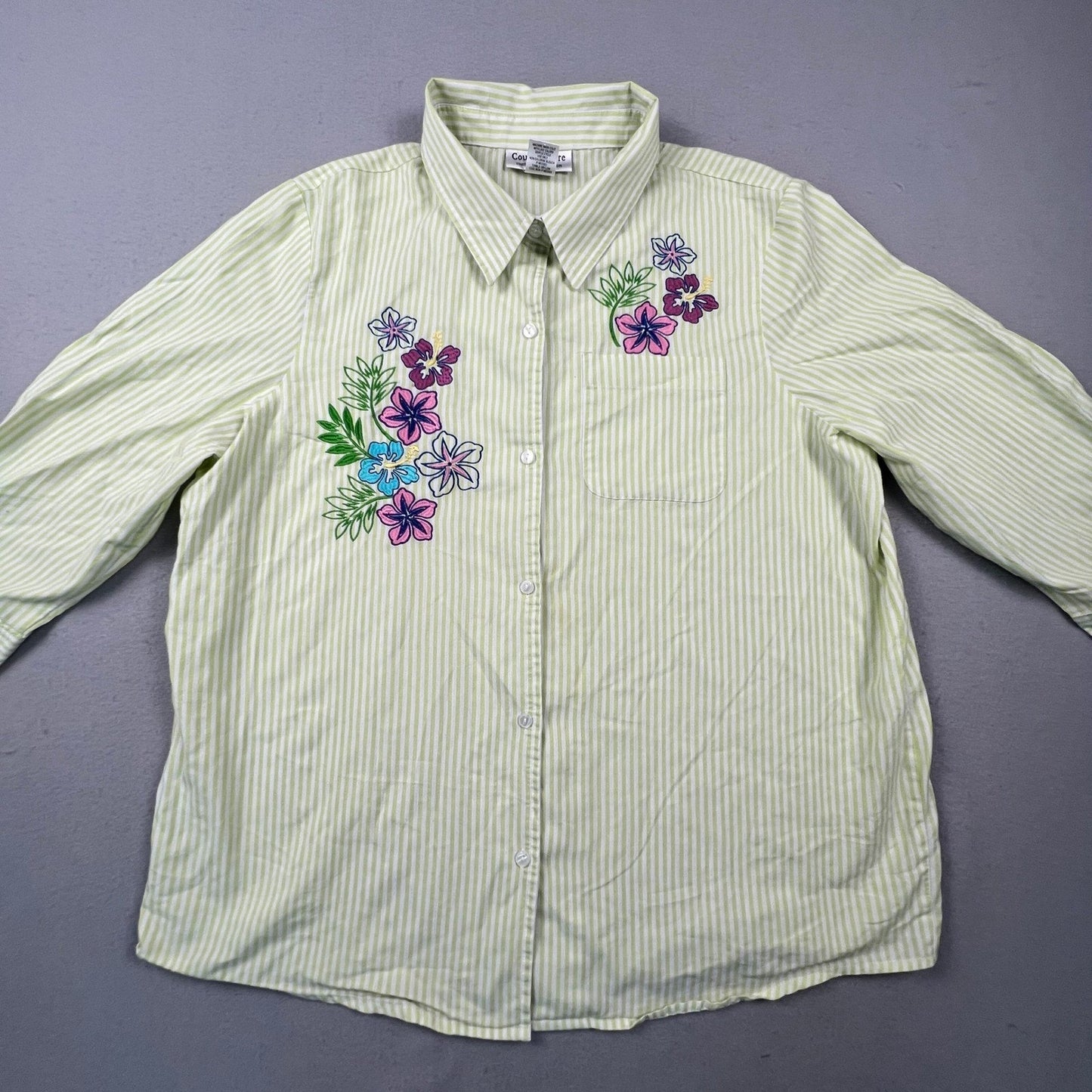 Country Store Button Down Shirt Womens XL Green Striped Floral Embroidered Top
