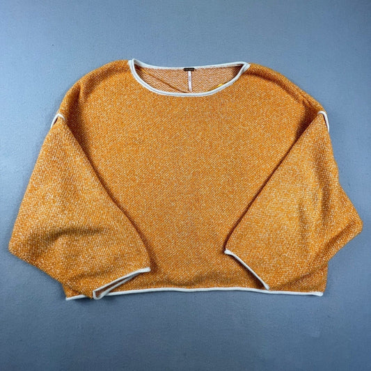 Free People Sweater Womens Medium Orange Bardot Boxy Wide Sleeve Boho Knit Top