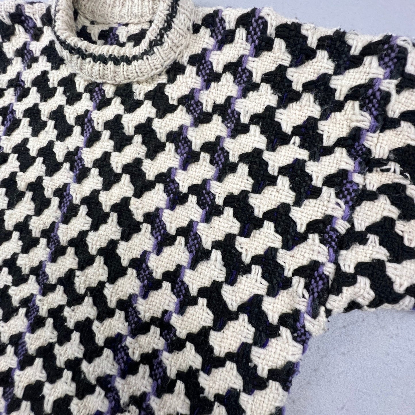 Vintage Houndstooth Hand Knit Sweater Mens XL Black White Pullover Chunky Warm