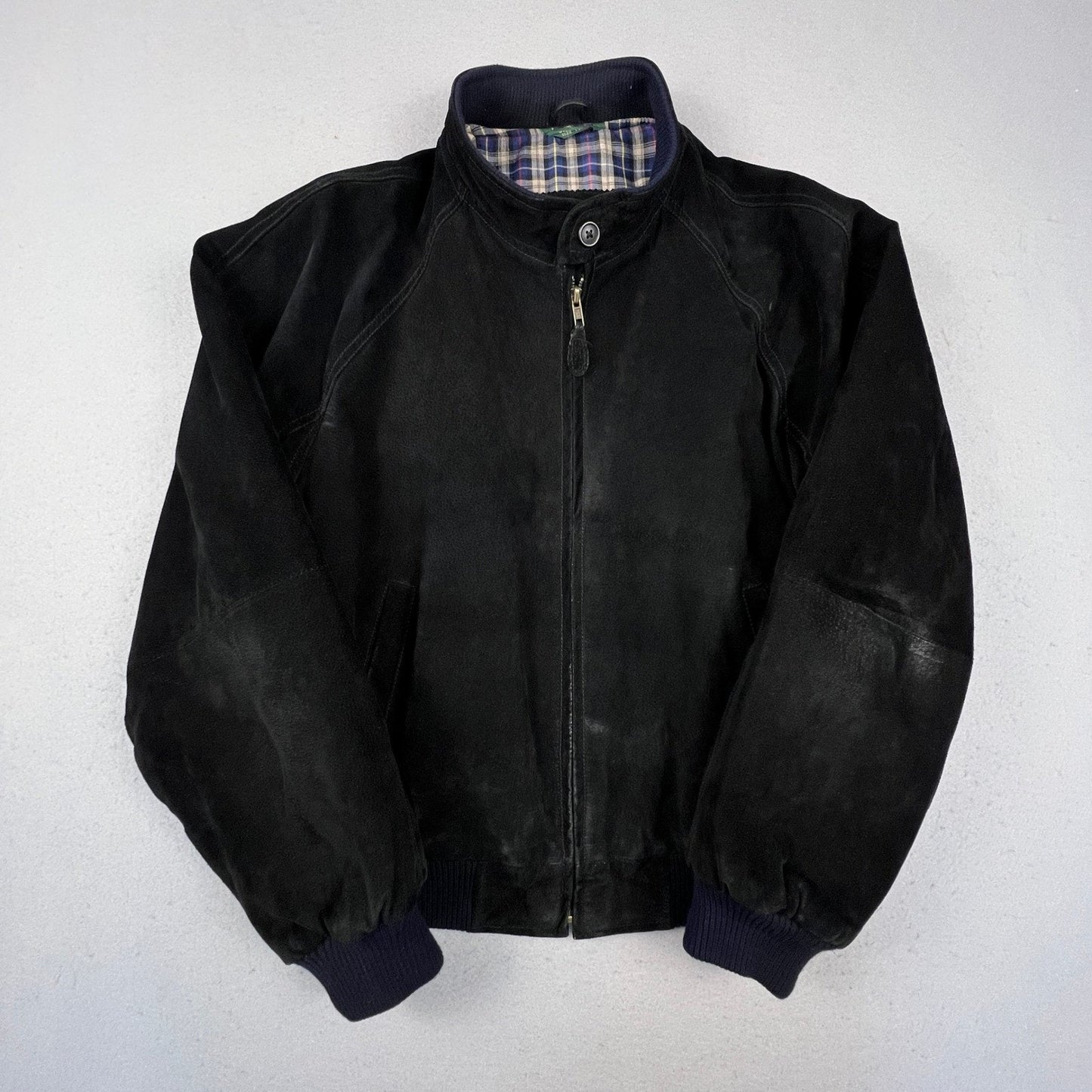 Field & Stream Leather Bomber Jacket Mens Large Black Suede Plaid Lined Outdoor