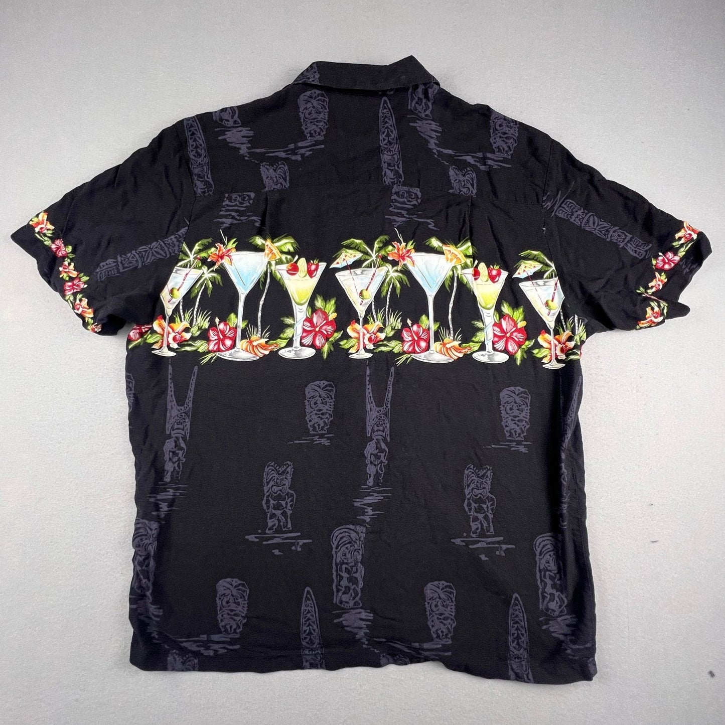 Paradise Found Button Up Shirt XL Black Tiki Cocktail Tropical Hawaiian Aloha