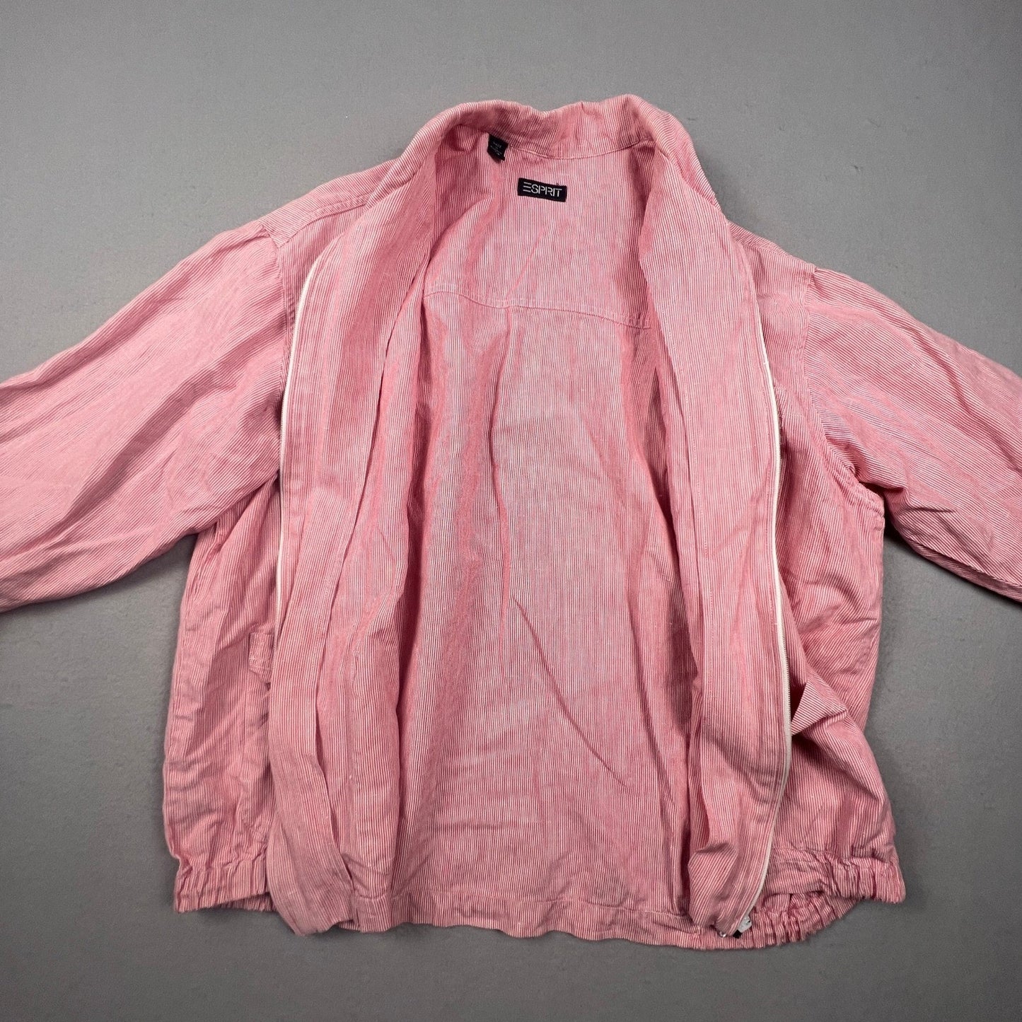 VTG 90s Esprit Jacket Womens Red Pinstripe Cotton Linen Zip Up Bomber Coat