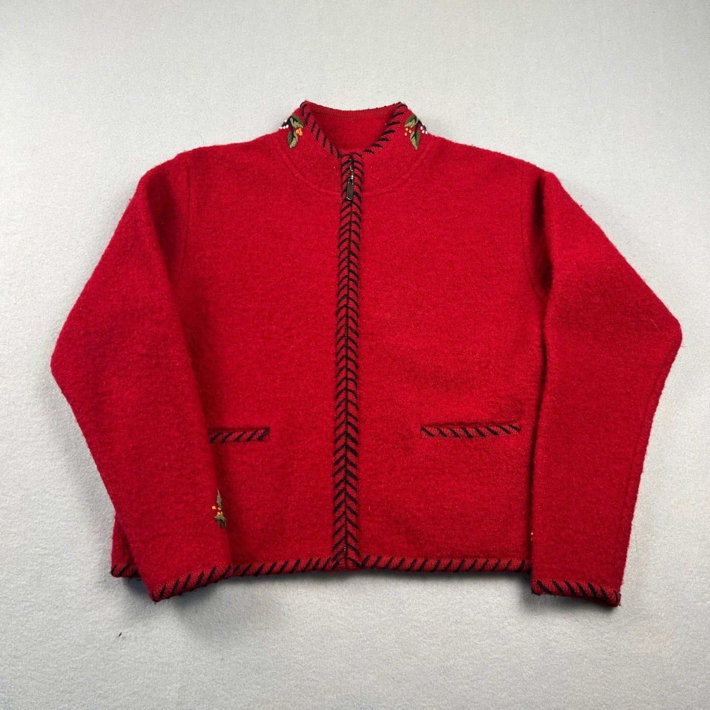 VTG Norm Thompson 100% Wool Jacket Small Red Embroidered Zip Up Cardigan Festive