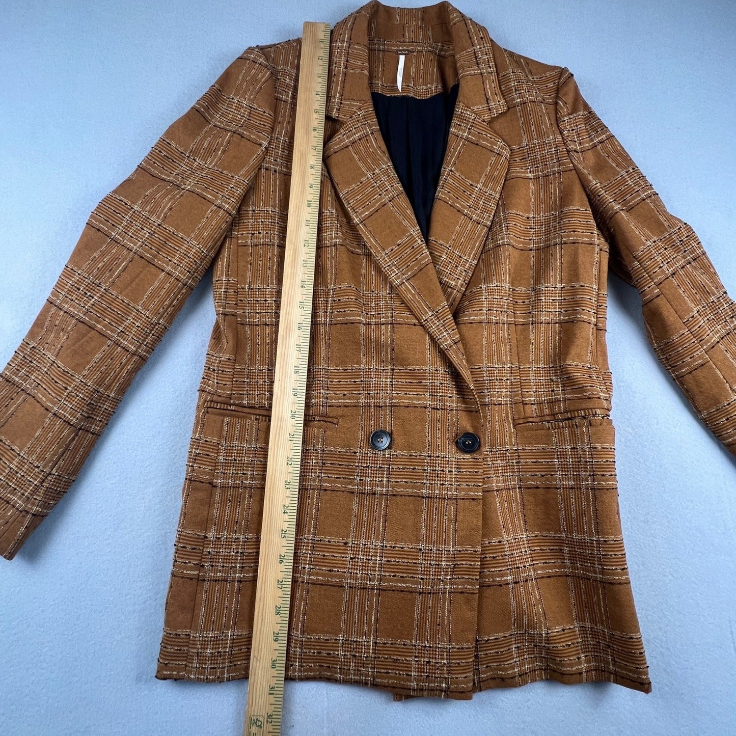 Free People Brown Plaid Longline Blazer Womens S Double Breasted Preppy Academia