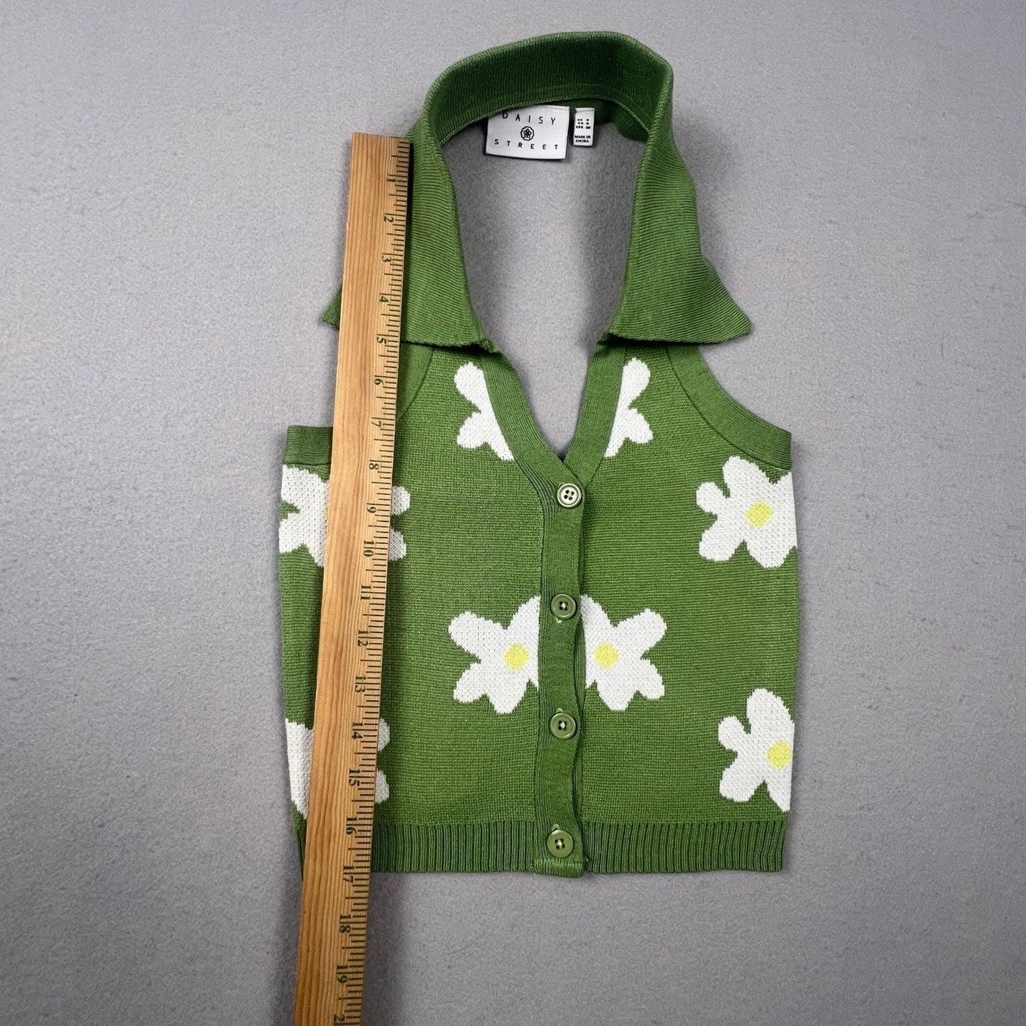Daisy Street Halter Knit Top Womens Small Green Floral Button Front Retro Y2K