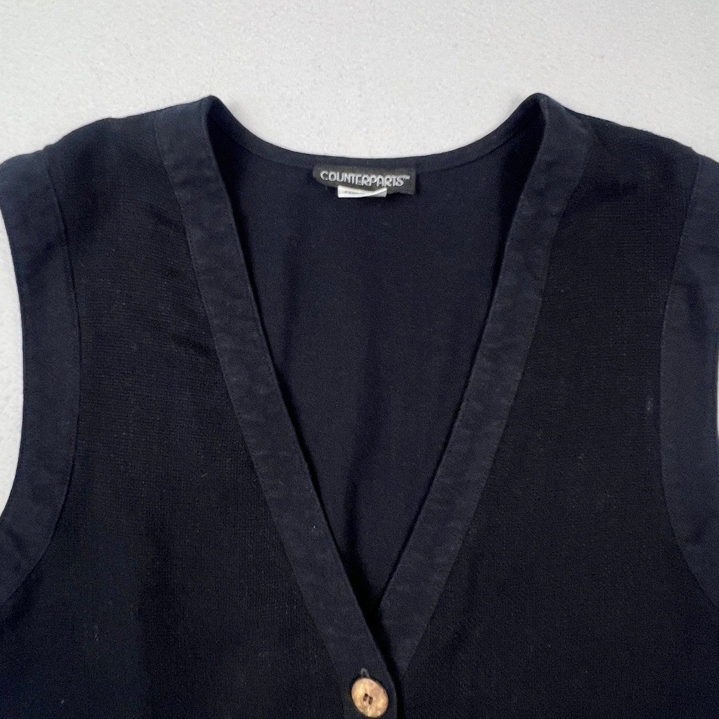 Counterparts Knit Vest Womens L Black Button Front Cinch Back Minimalist Boho