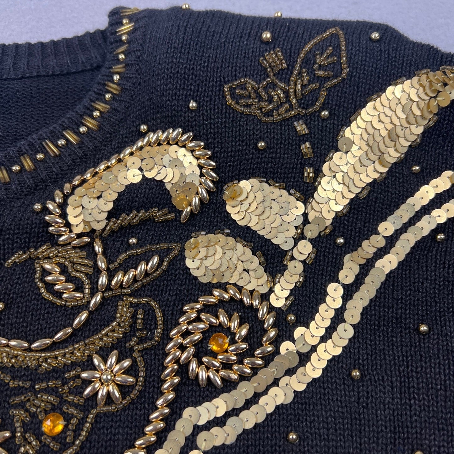 VTG 90s Victoria Harbour Sweater Women M Black Gold Sequin Beaded Party Glam