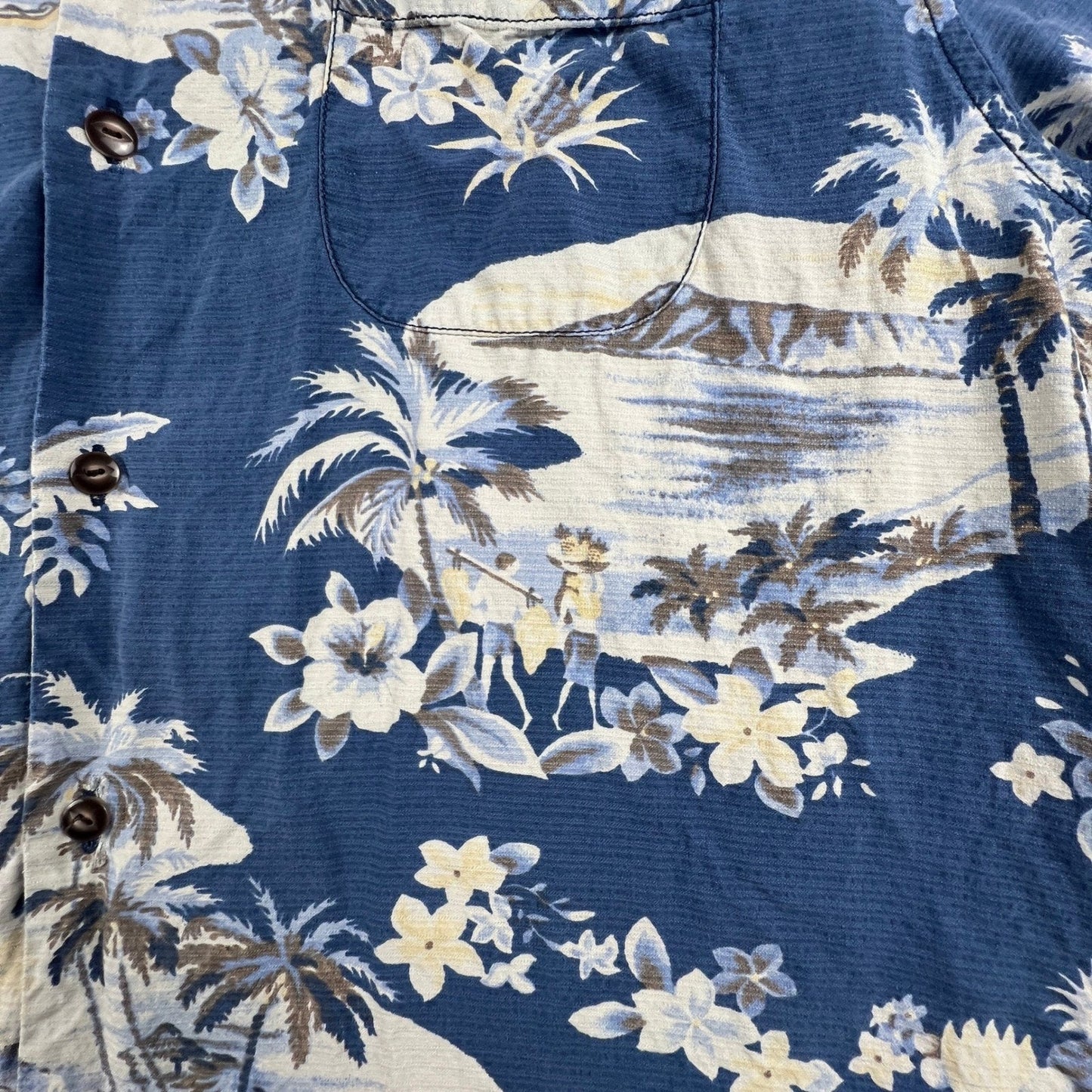 Tommy Bahama Button Front Shirt Mens L Blue Silk Hawaiian Palm Tree Island Aloha