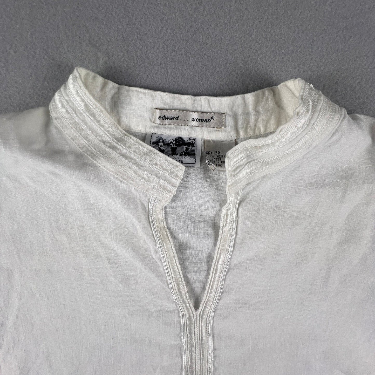 100% Linen Edward Woman Tunic Men 2X White Irish Embroidered V-Neck Beach Coastal