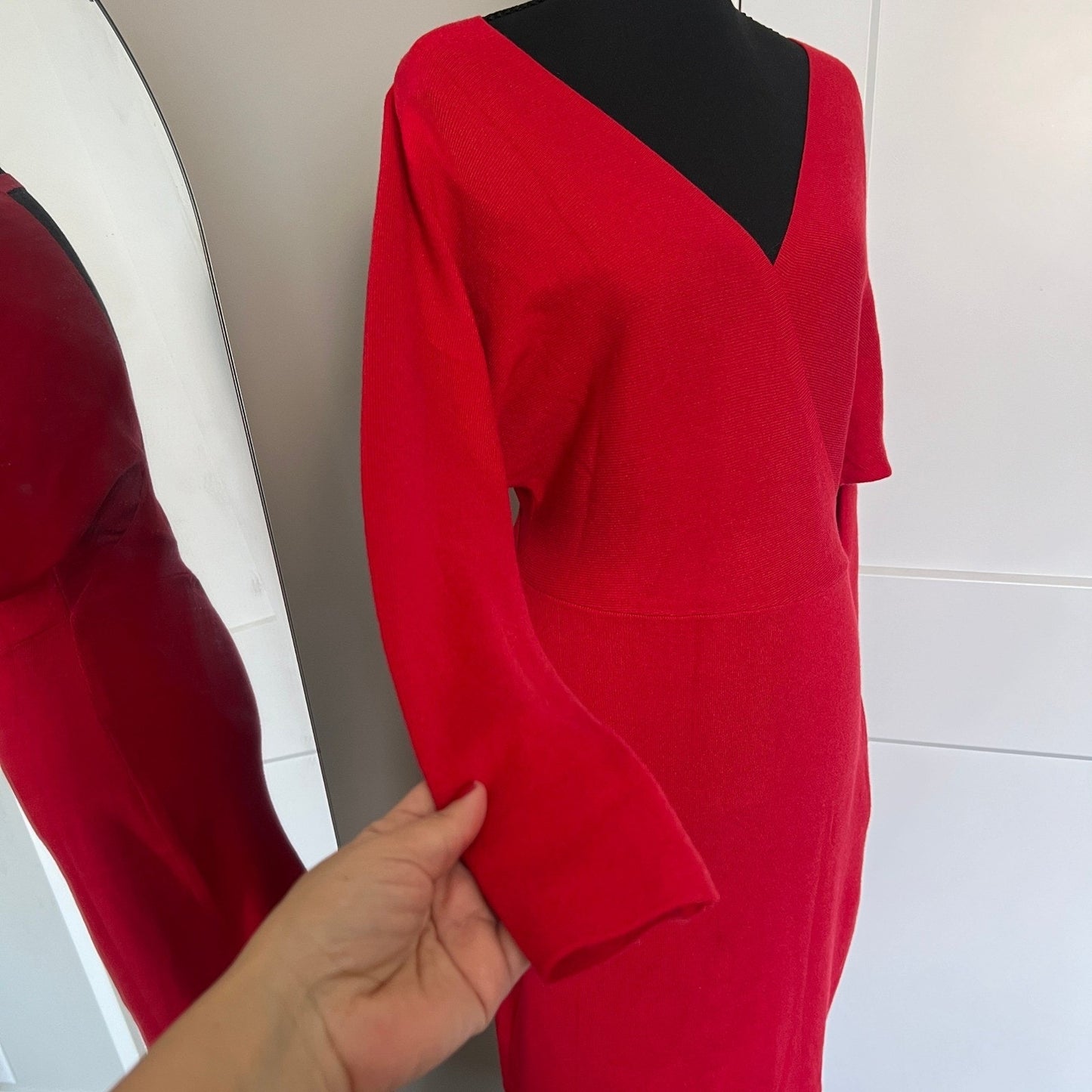 FORE Wrap V-Neck Midi Dress Womens Red Long Sleeve Ruched Cocktail Holiday Party