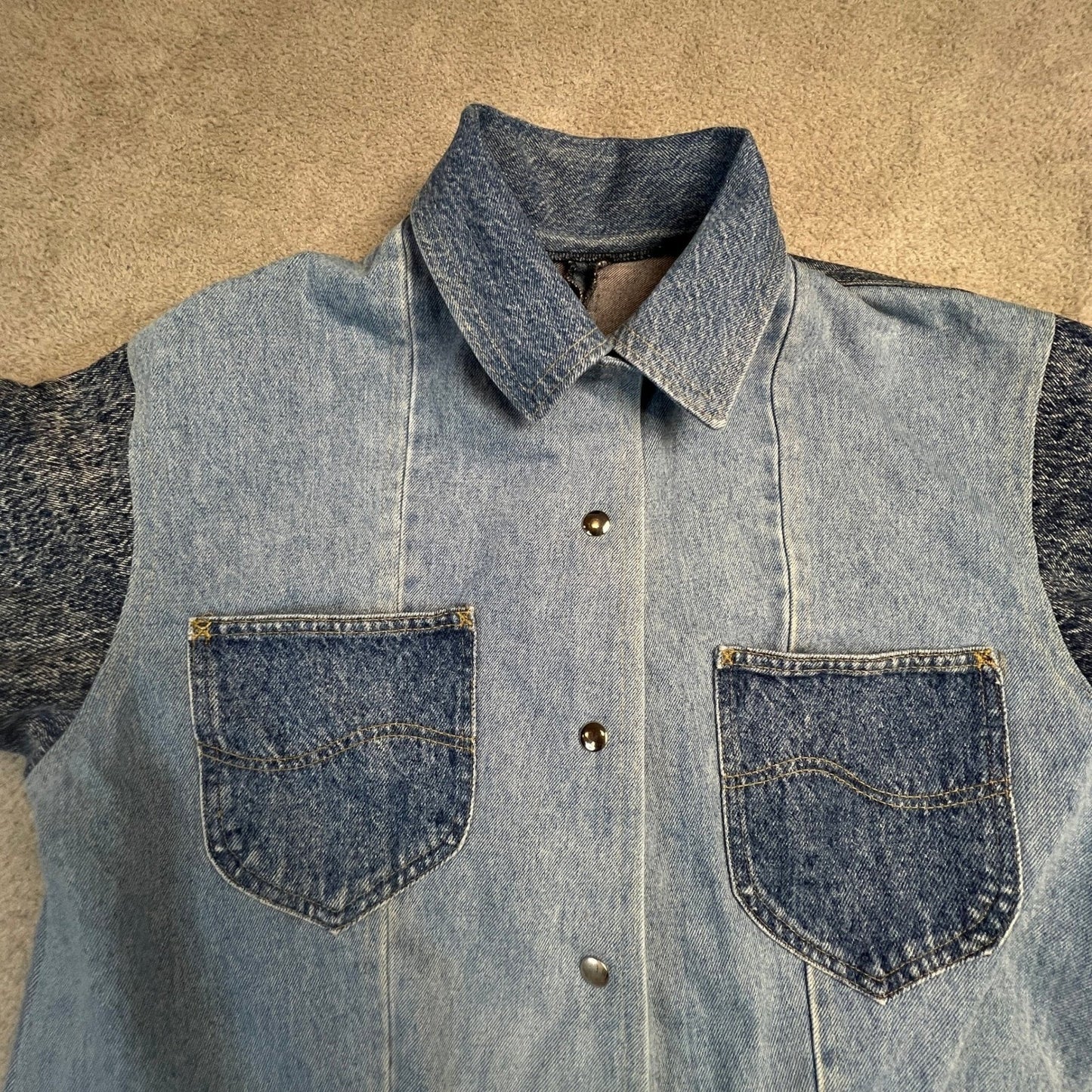 Vintage Denim Patchwork Jacket Women's Large Chore Coat Acid Wash Longline Blue