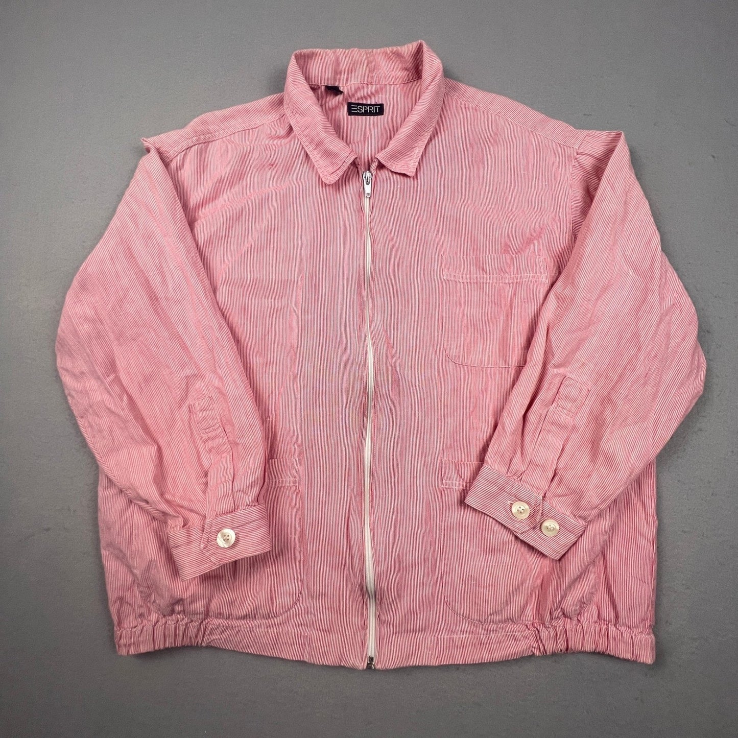 VTG 90s Esprit Jacket Womens Red Pinstripe Cotton Linen Zip Up Bomber Coat