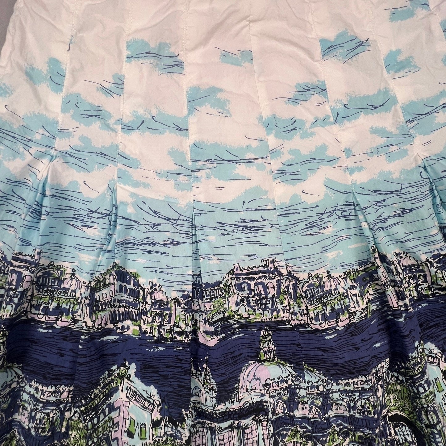 Talbots Pleated Skirt Womens 10 Blue Venice Cityscape Print A-Line Knee Length