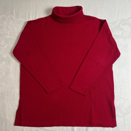 100% Cotton Turtleneck Sweater Large Red Ribbed Long Sleeve Jones New York
