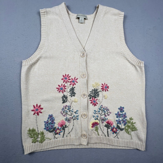 Appleseed's Sweater Vest Womens L Cream Floral Embroidered Cotton Cottagecore