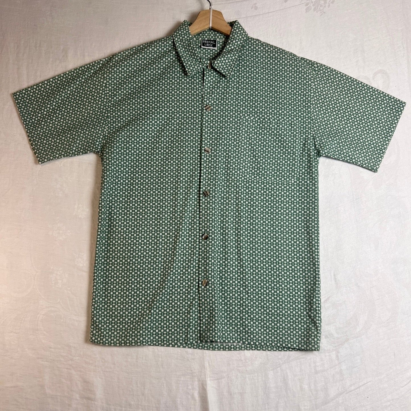 PRIMAL URGE Shirt Mens Extra Large Green Geometric Short Sleeve Button Up Shirt
