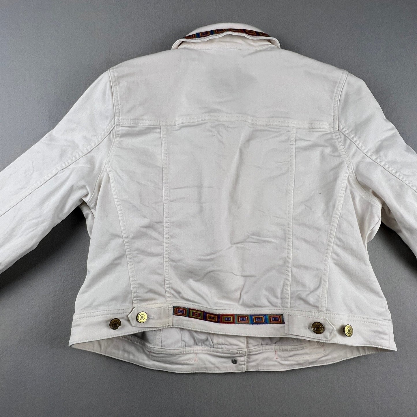 Isaac Mizrahi Live Denim Jacket Womens 16 White Embroidered Fringe Boho Festival