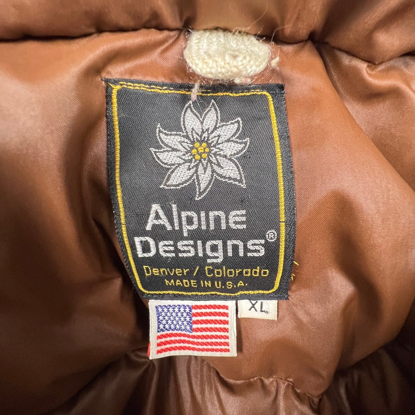 VTG Alpine Designs Goose Down Puffer Jacket XL Brown USA Made Ski Coat RARE Warm
