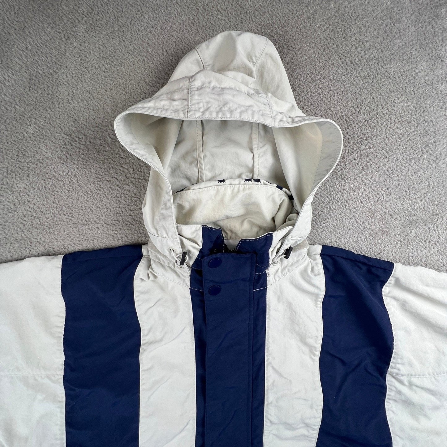 Adidas Windbreaker Jacket Mens Medium Cream Navy Blue Colorblock Trefoil Sporty