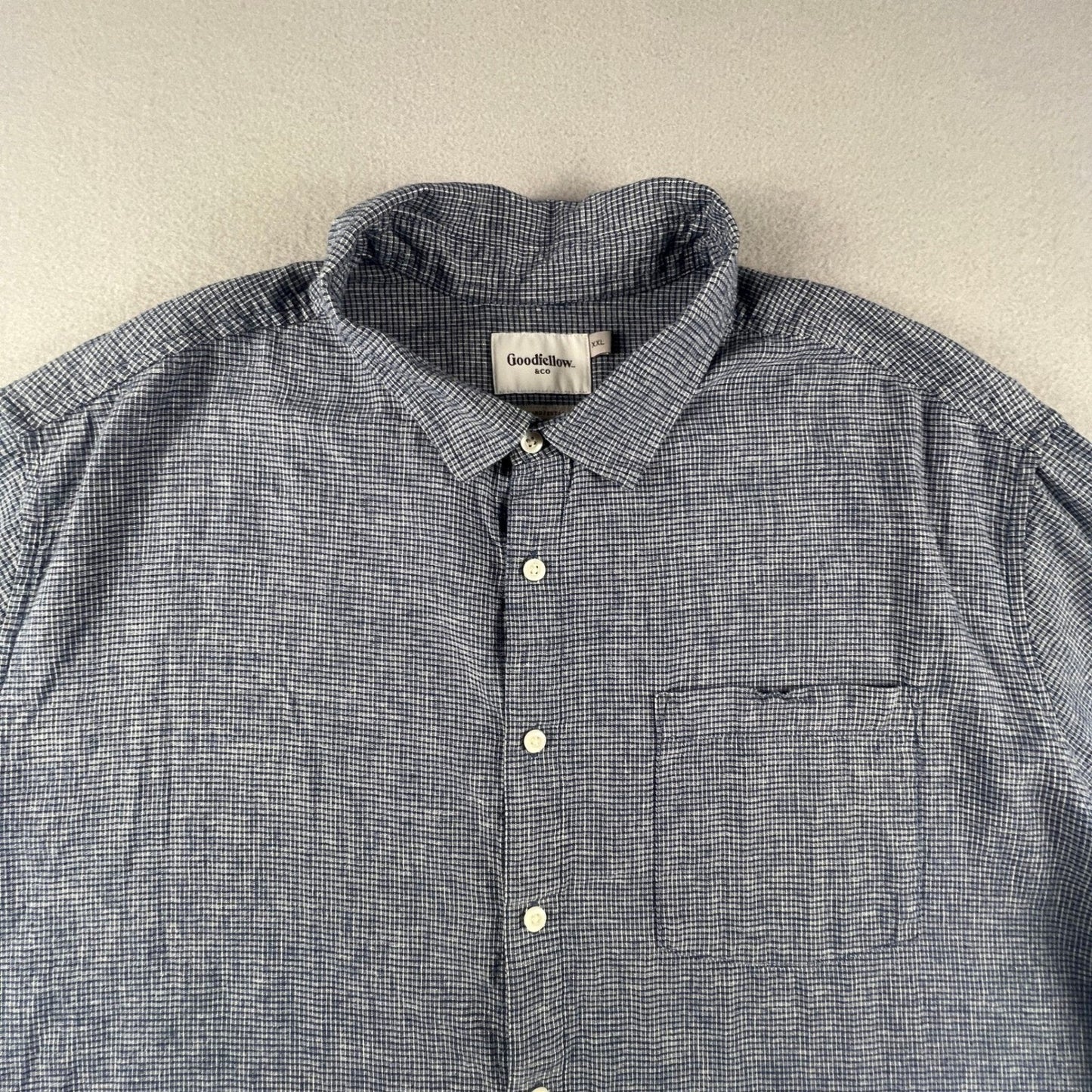 Linen Blend Button Down Shirt Mens XXL Blue Grid Rich Casual Classic