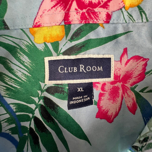 Club Room Button Down Shirt Mens XL Blue Floral Tropical Hawaiian Summer Beach