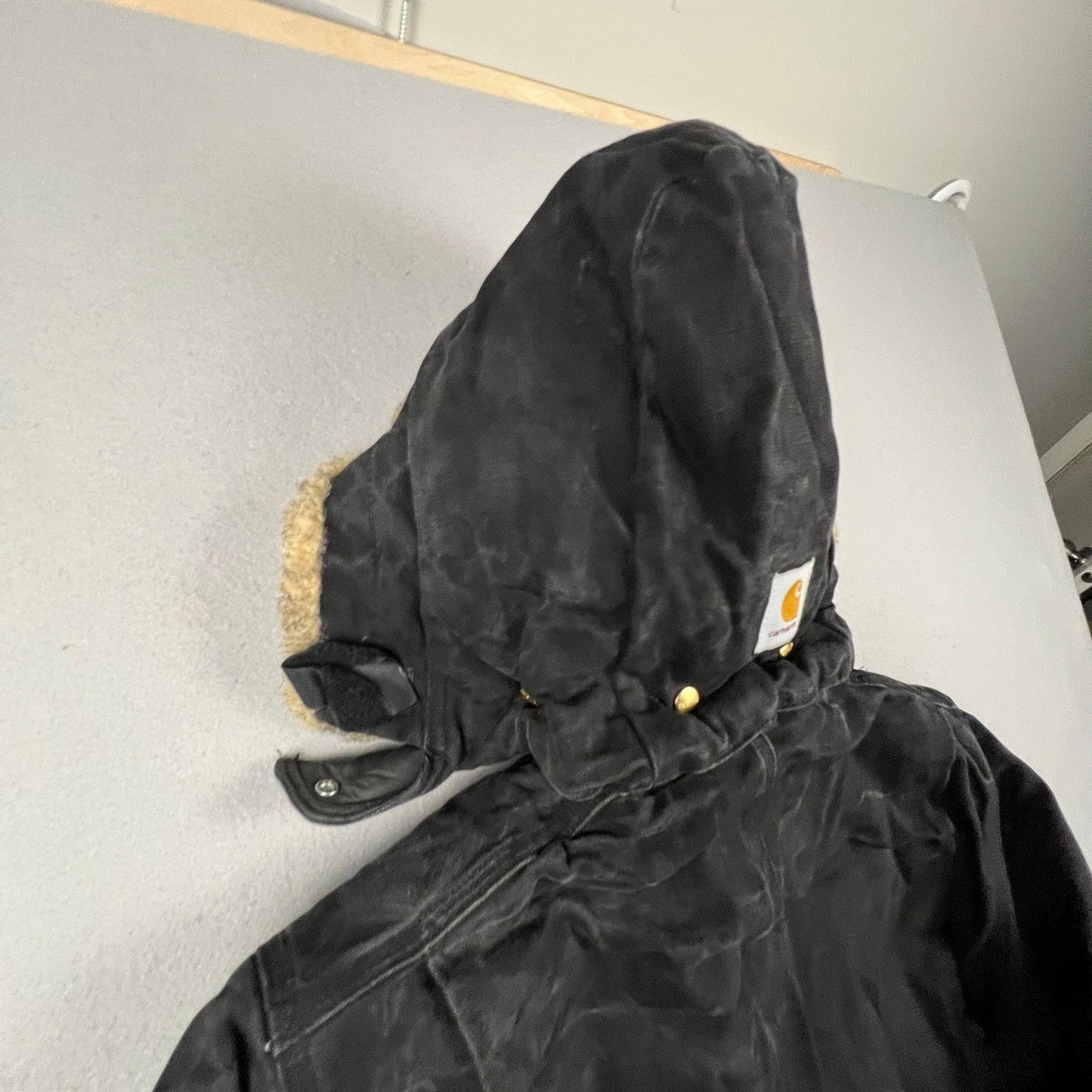 VTG Carhartt Black Arctic Quilt Lined Traditional Duck Canvas Coat Hood C26 BLK